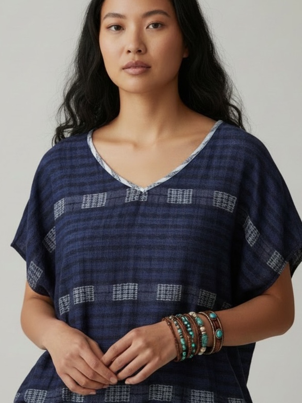 Ace & Jig Mate Indigo Blue Cocoon Top Size S Pattern Mix Boho Luxe Slow Fashion